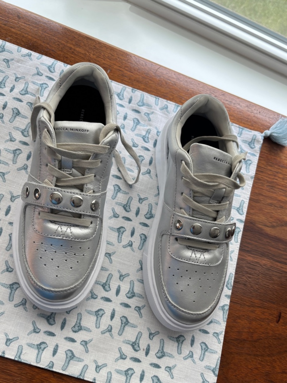 Rebecca Minkoff Women’s Silver Metallic Sneakers with Stud Detail 8M